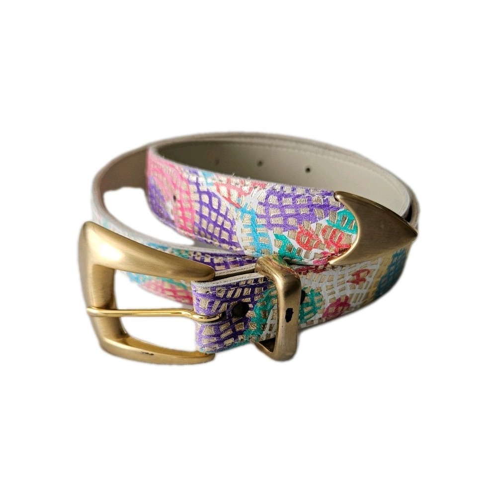Vtg Retro 80's Genuine Leather White Colorful Metallic Gold Buckle Belt S